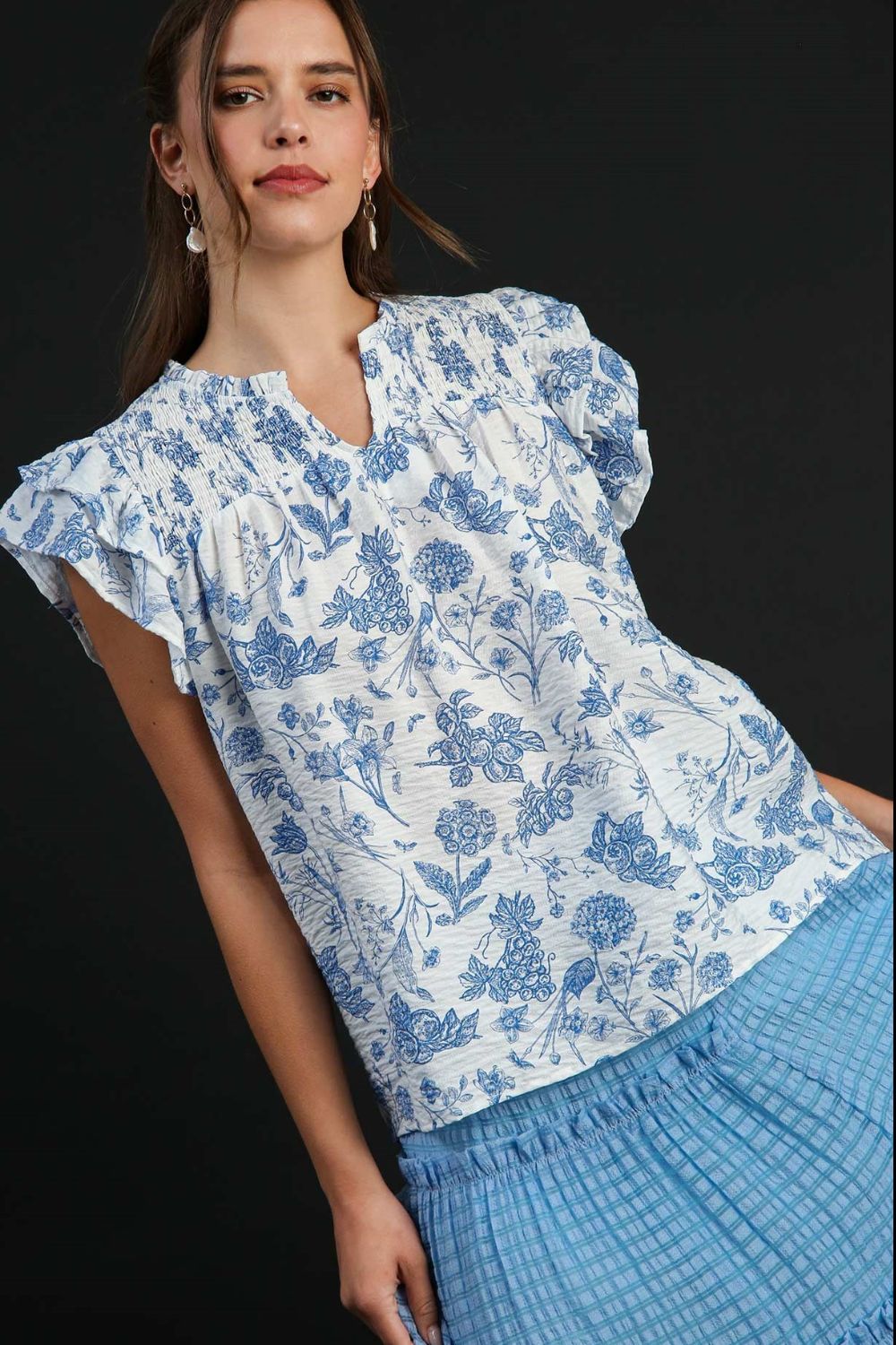 Umgee Top Floral Sky Blue Two Tone Print Boxy Cut Blouse Short Sleeve Sky Blue 55703edb-5a87-4486-a367-6ffc15d22083-Max Trendsi