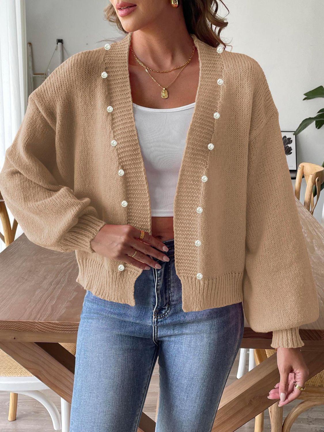 Pearl Cardigan Open Front Long Sleeve Soft Casual Knitwear Tan 55728c47-48f6-4ba3-b908-b208b429f23d-Max Trendsi