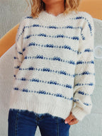 Striped Sweater Round Neck Long Sleeve Soft Knitwear White One Size 5578c8eb-6af9-433d-9e5f-4ea157cbadbc-Max Trendsi