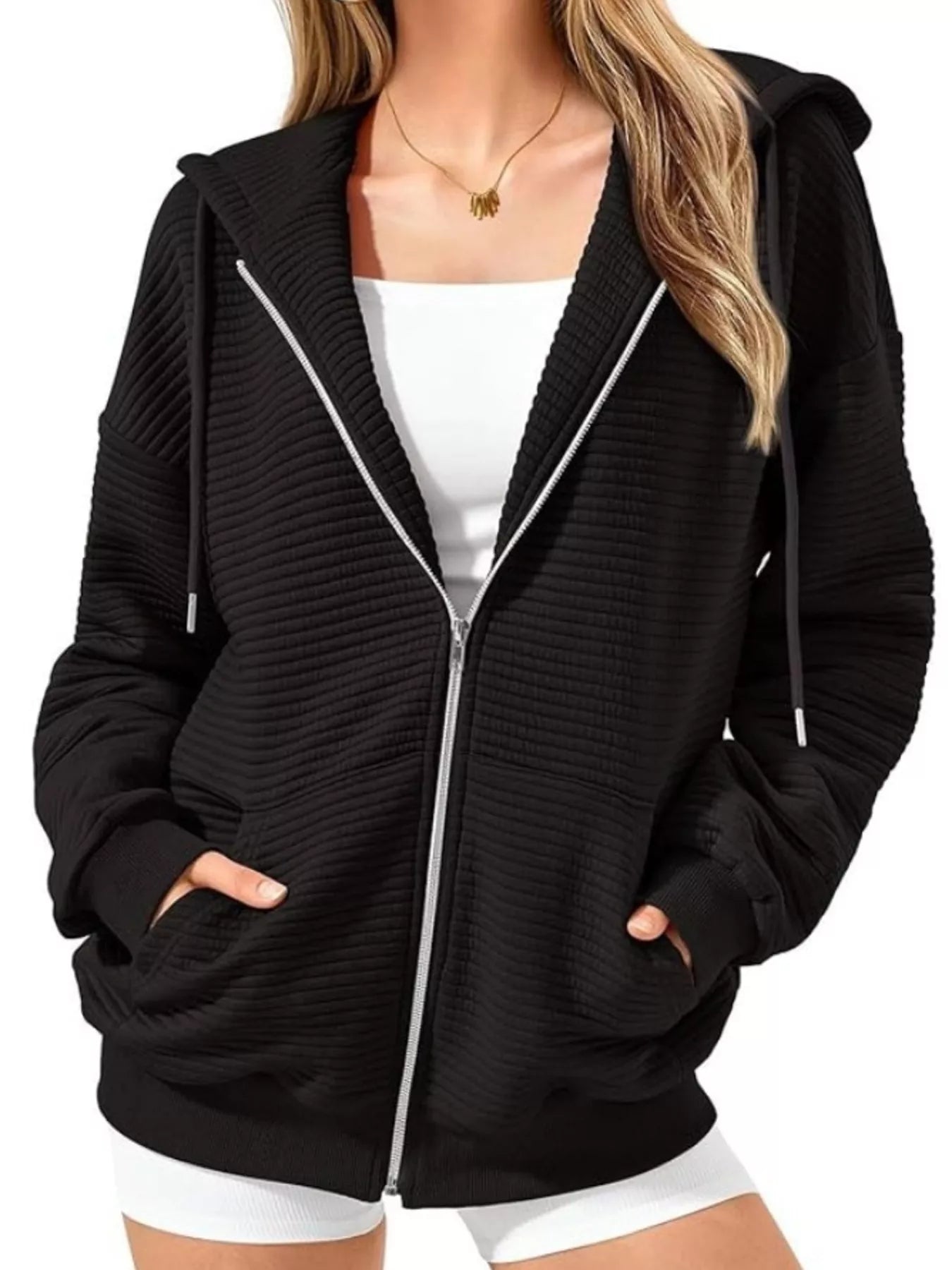 Women's Hoodie Zip Up Drawstring Hood Dropped Shoulder Long Sleeve Black 557f70c3b2e4486685f100076db3c78b-Max-Origin Trendsi