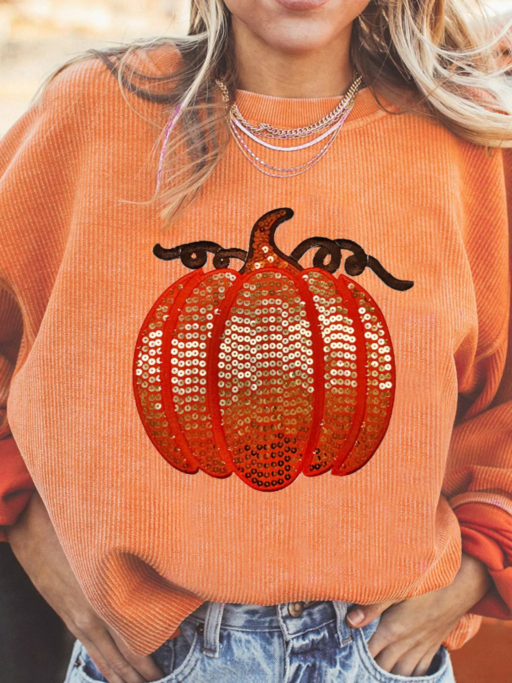 Women's Sweatshirt Halloween Sequined Pumpkin Ribbed Round Neck Top Tangerine 55893cdc-55de-4b00-afc7-5372b214c6fa-Max-Origin Trendsi