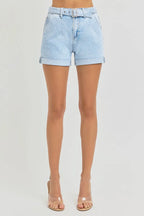 RISEN Roll Up Denim Shorts Women's High Rise Belted Light Washed 558a9162097443fcbf81403ebe2278a5-Max-Origin Trendsi