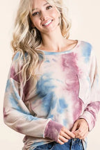 BiBi Womens Blouse Tie Dye Lavender Blue Print Terry Top With Front Patch Pocket 558b70ffb87941469908c2e99092095e-Max-Origin Trendsi