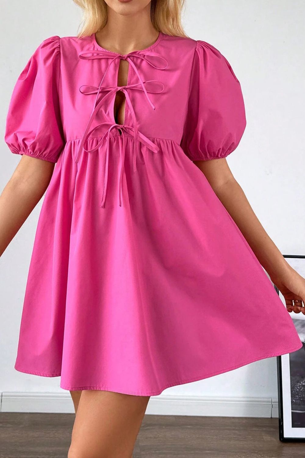 Mini Dress Hot Pink Puff Short Sleeve Bow Tie Front High Waisted 558fa534-082d-436d-932c-5e62cf44a7a5-Max Trendsi