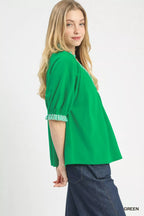 Umgee Blouse Green French Terry Collared Top Short Puff Sleeve 559716a6-f595-48d6-a965-a041b3157038-Max-Origin Trendsi