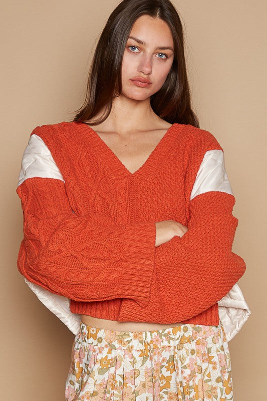 POL Sweater Women's Cable Knit Orange Quilting Patch Contrast V-Neck 55a21a72-5ace-49c8-983e-0338ec7b5971-Max Trendsi