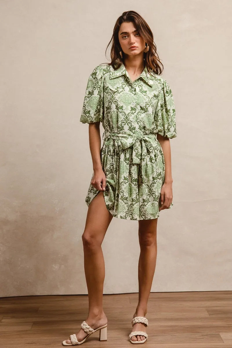 BiBi Mini Shirt Dress Green Cream Floral Bow Tied Belt Short Sleeve 55ab1de69bf6478685fe04f229a576c3-Max-Origin Trendsi