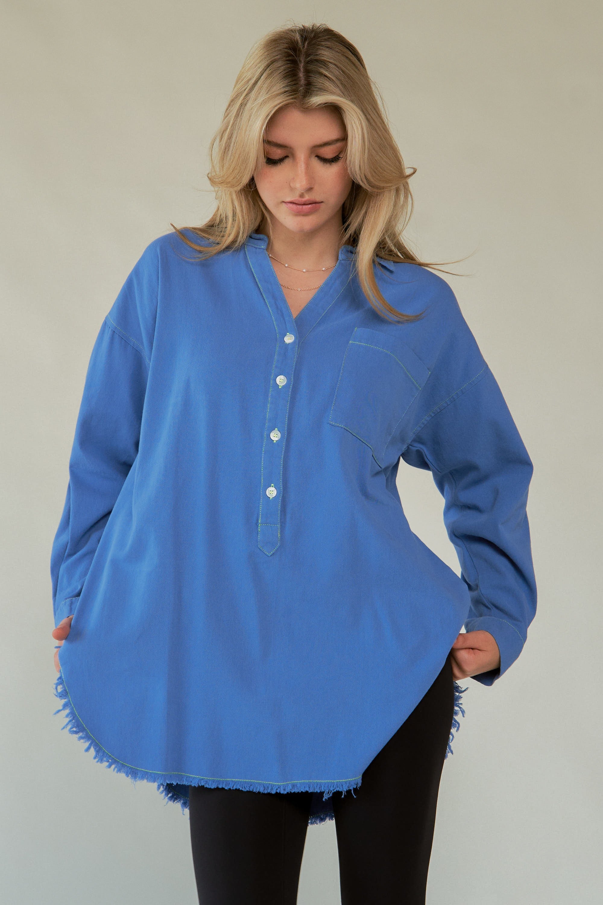Davi & Dani USA Blue Shirt AMOR Letter Cotton Back Raw Hem Half Button 55ab7ffe-fe68-4c0d-a7f7-3e41151ebb72-Max Trendsi