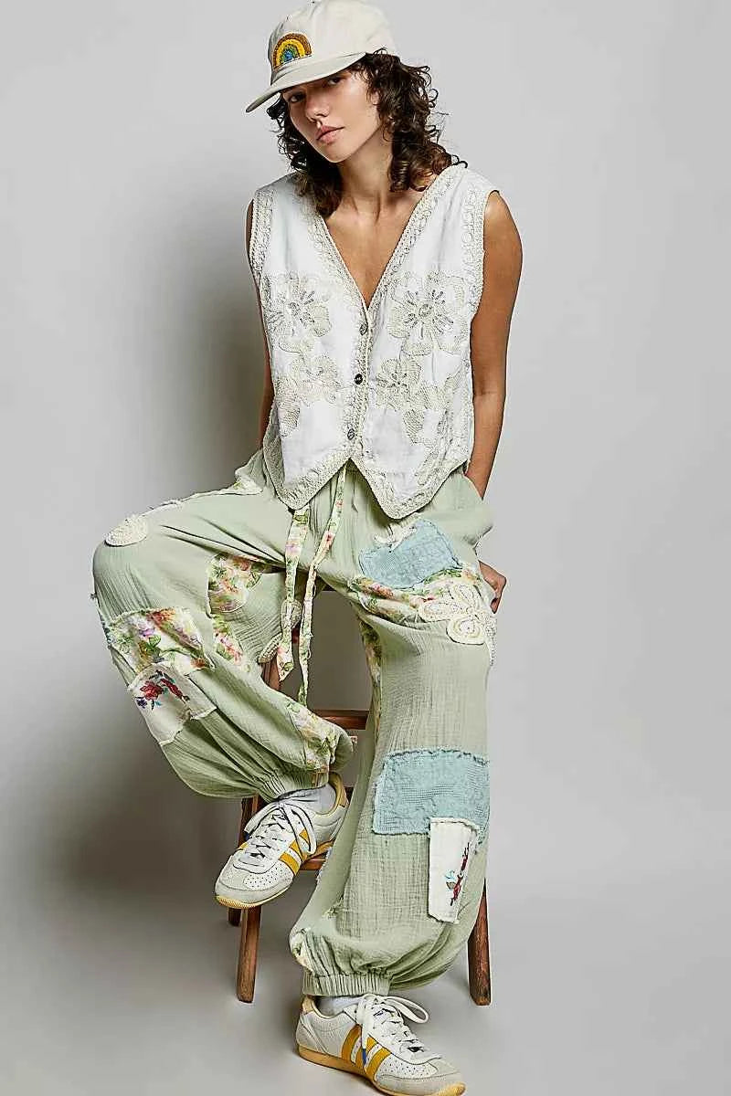 POL Embroidered Floral V-Neck Button Down Crochet Vest