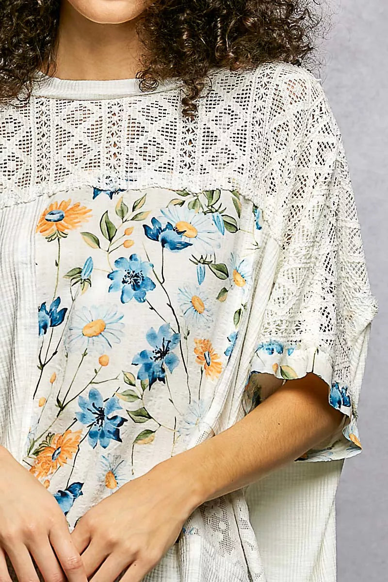 POL Floral Blouse Ivory Patchwork Lace Accent Short Sleeve Top 55b0338f-f290-418a-b352-5a2239724f0e-Max-Origin Trendsi