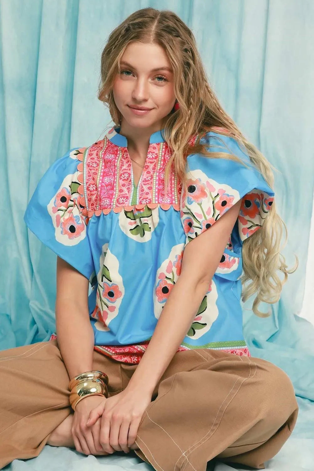 Umgee Blouse Sky Blue Floral Notched Puff Short Sleeve Top Sky Blue 55b4155c-4069-4be2-9f85-734833125afa-Max-Origin Trendsi