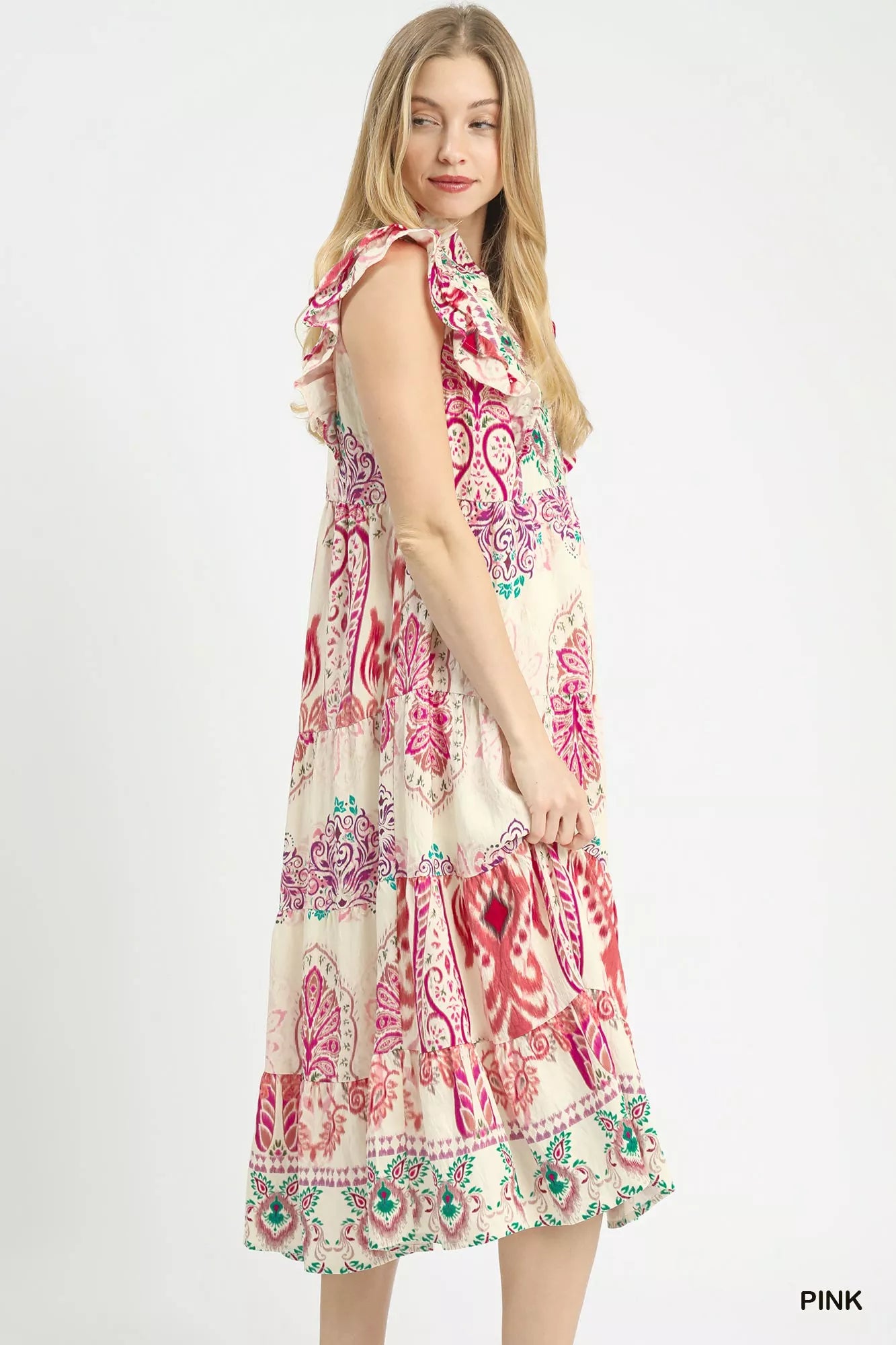 Umgee Midi Dress Pink Boho Boarder Print Ruffle Short Sleeve 55bce265-7120-43f5-905b-d75ec04141f3-Max-Origin Trendsi