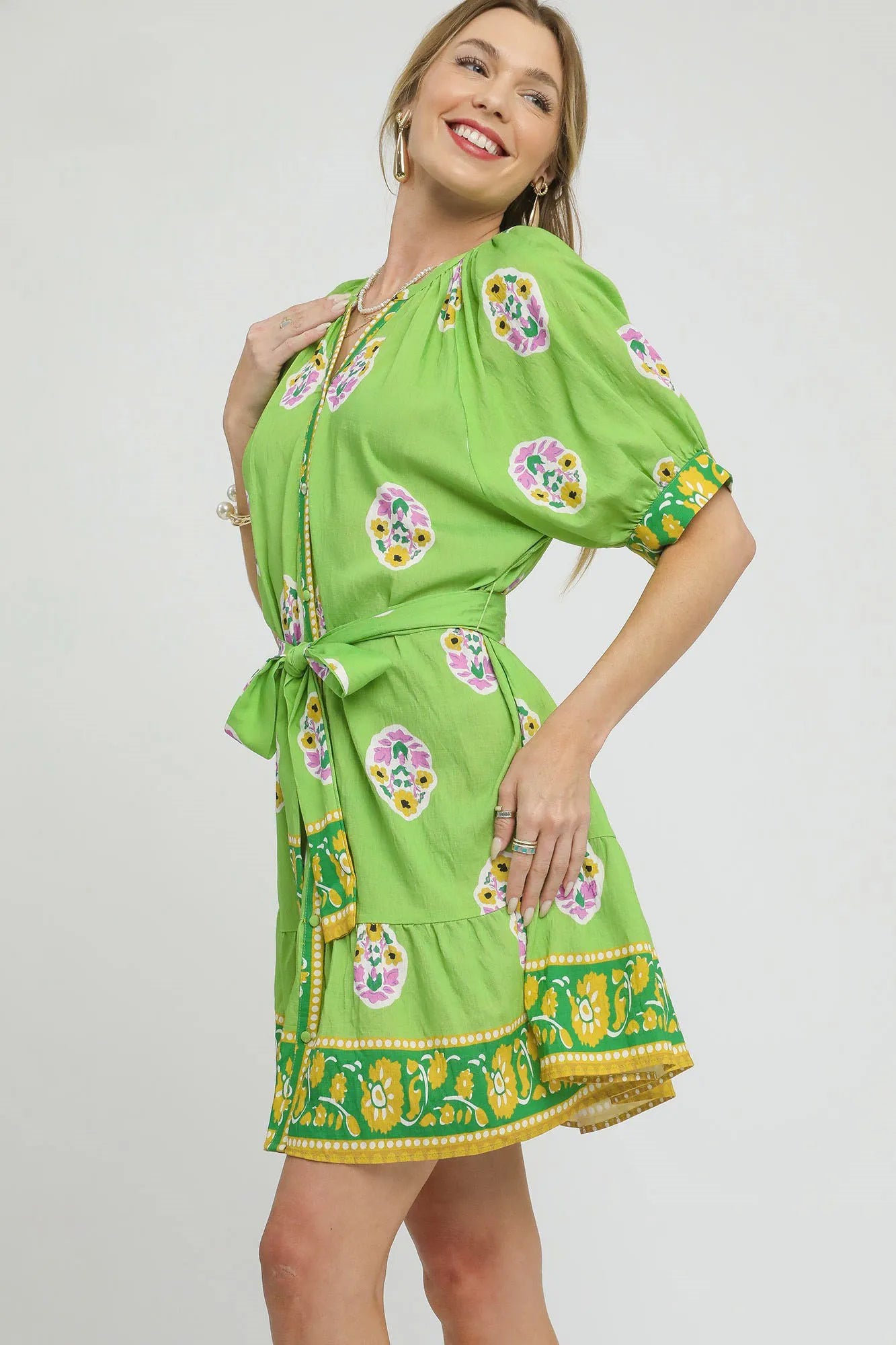 Umgee Shirt Dress Green Floral Print Tie Waist Short Sleeve Belted 55be1a3d-ddbf-49e3-86d5-449a77184538-Max-Origin Trendsi