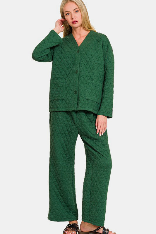 Zenana Quilted Lounge Set Dark Green Long Sleeve Top Shirt and Pants Set