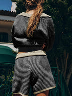 Sweater Set Women's Collared Neck Contrast Striped Top and Shorts 2 Pcs 55e13cab-ed12-4ab1-99ad-f40afd421484-Max-Origin Trendsi