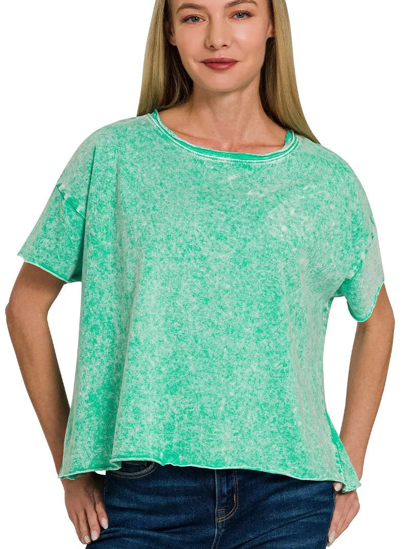 Zenana Halo Washed Cotton Short Sleeve Top