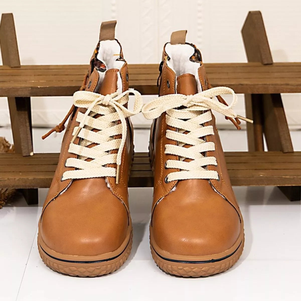 Women's Ankle Boots Pu Leather Round Toe Platform Low Heels Shoes Terracotta 55e62c025b80444da713eadcea7625a9-Max-Origin Trendsi