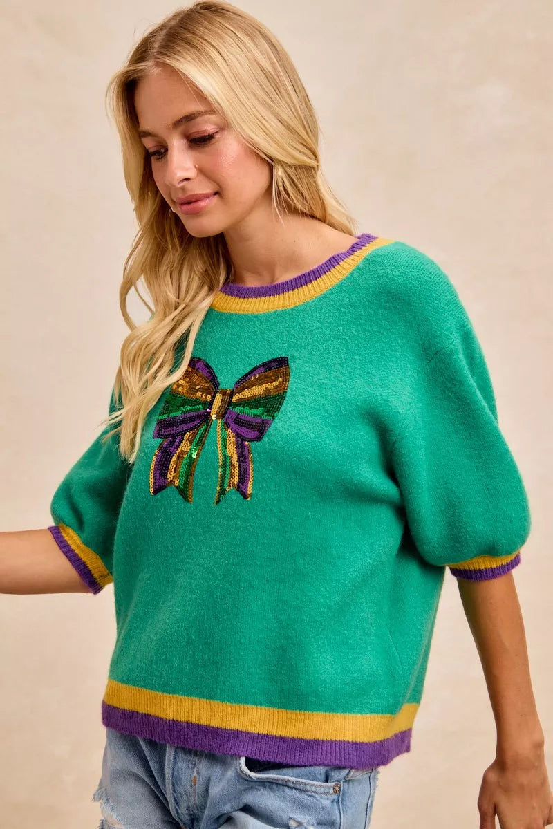 BiBi Sweater Green Mardi Gras Sequin Ribbon Patched Short Sleeve 55e66728c1d04052a57ec6c581c562a3-Max-Origin Trendsi