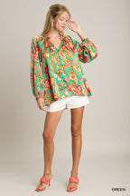 Umgee Satin Button-Up Shirt Green Paisley Ruffle Neck Long Sleeve Top 55e92f84-c118-4bc8-8553-ee38ddde68b0-Max-Origin Trendsi