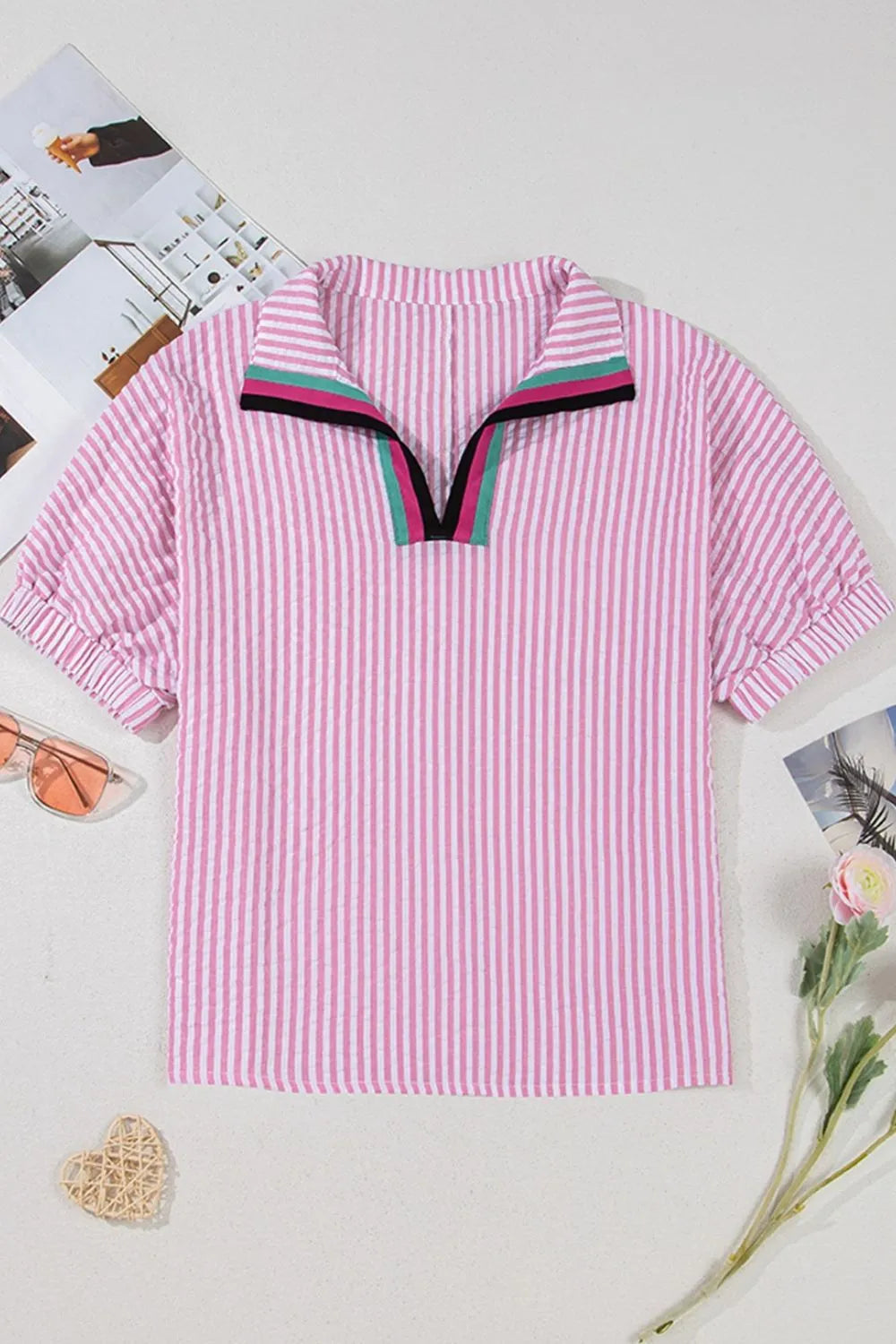 Women's Blouse Striped Print Contrast Split Neck Dolman Short Sleeve 55ed5258-0997-4da5-9529-2774b7e080ba-Max-Origin Trendsi