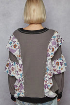 POL Womens Sweater Black Gray Round Neck Top with Floral Ruffle Detail 55f213cf-0c9d-4e28-b8d0-b5fc8a2bb8d6-Max-Origin Trendsi