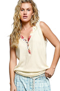 POL Ribbed V-Neck Tank Top with Contrast Floral Neckband, Button-Front Closure, Lightweight Sleeveless Design