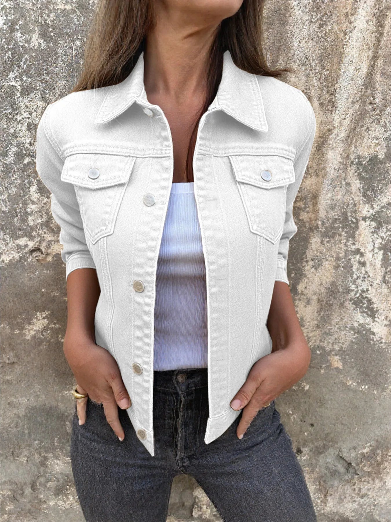 Women's Denim Jacket Short Button Front Long Sleeve with Pockets White 55fcfd5a77914e0d930439e25f813e42-Max-Origin Trendsi