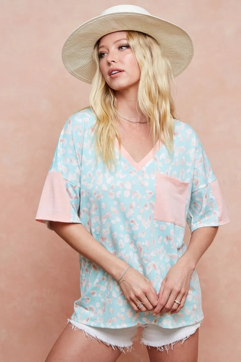 BiBi T-Shirt Mint Pink Multi Color Leopard Printed French Terry Pocketed Top 56004dcbbb9e45c28bfa9454e0aa8810-Max-Origin Trendsi