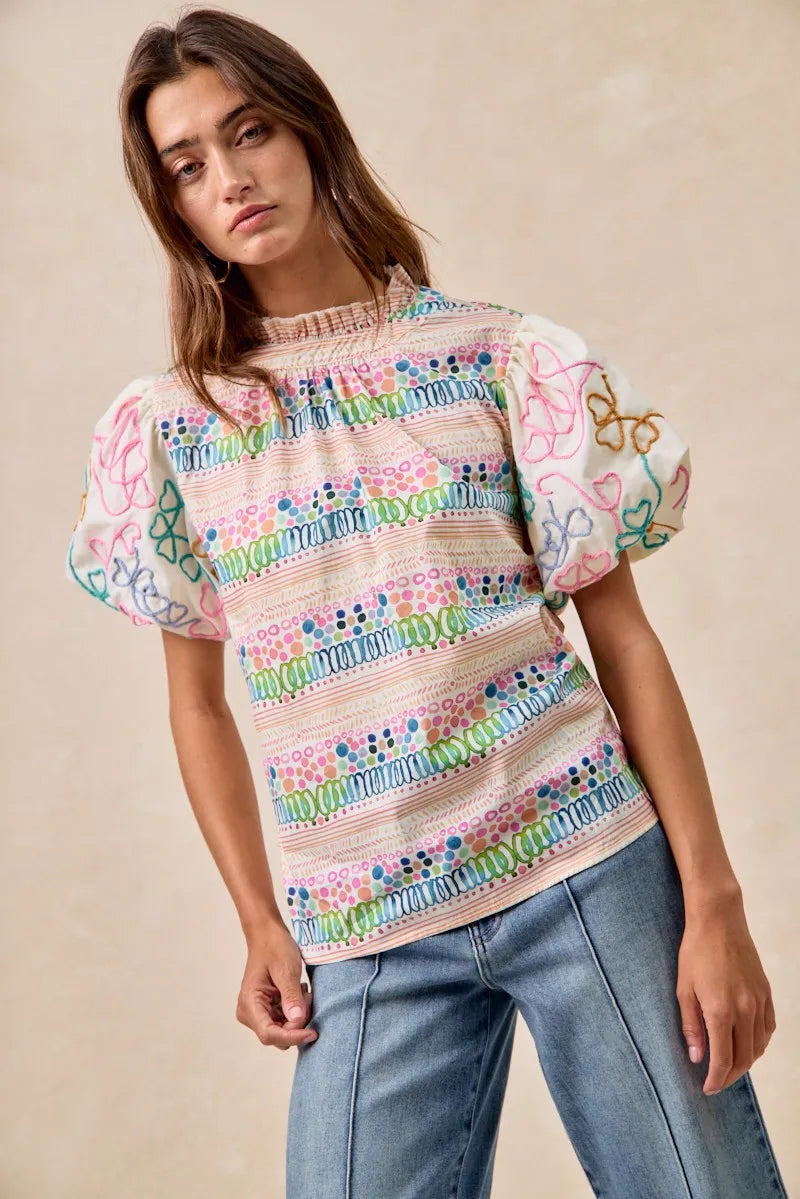 BiBi Blouse Multicolor Ruffle Neckline With Embroidery Bubble Short Sleeve Top 5606da67bb964c89b7800d3419b055b9-Max-Origin Trendsi