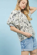 Umgee Blouse Black Floral Mixed Print Puff Short Sleeve Split Neck Top 5606fa4c-ff72-4bea-b622-4c99a72471ba-Max-Origin Trendsi