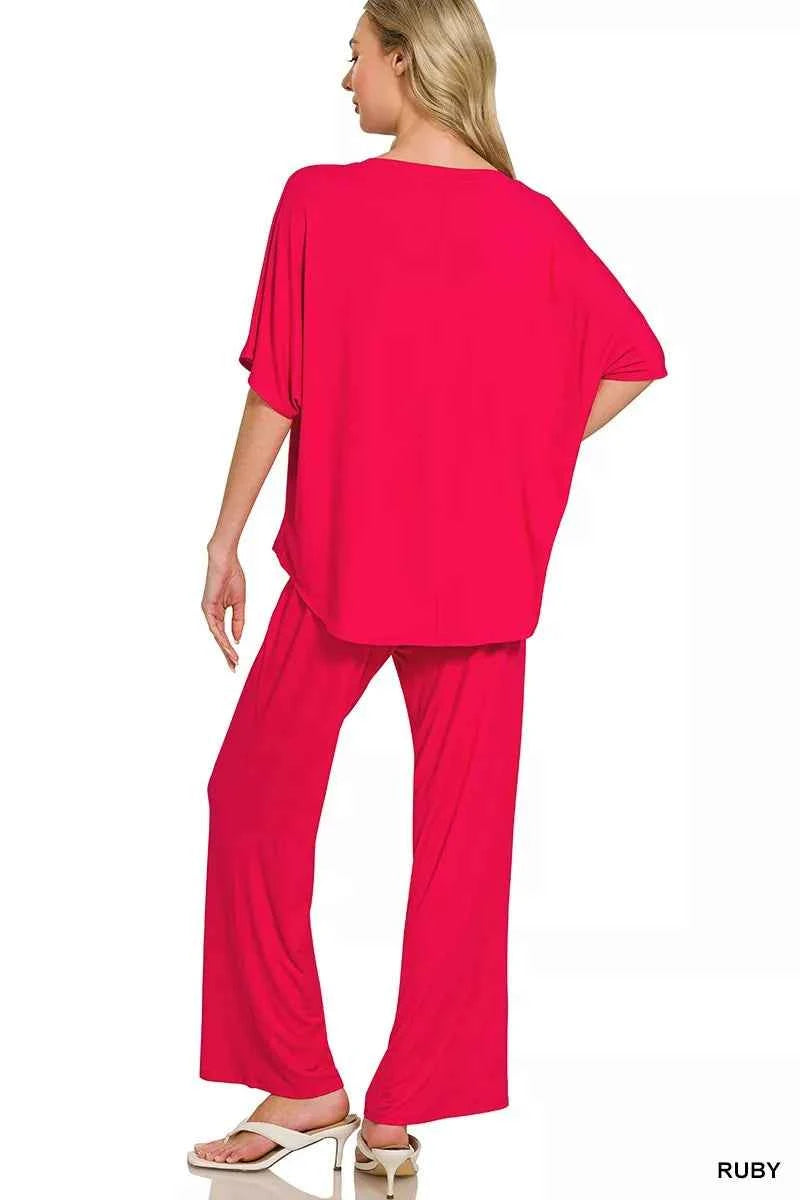 Zenana V-Neck Oversized Top & Pants Set – Women’s Two-Piece Lounge Outfit