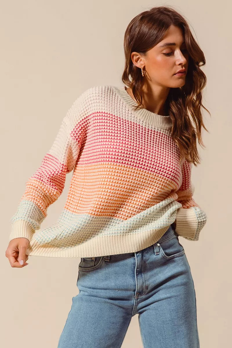 SO ME Womens Sweater Multi Color Block Stripe Long Sleeve Pullover 56153603194943db96a7c224ceec7f97-Max-Origin Trendsi