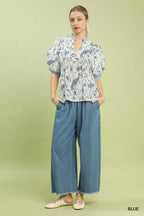 Umgee Blouse Blue Mixed Print Puff Short Sleeve Split Neck Top 5617089b-3a36-4477-b39b-833063522c8c-Max-Origin Trendsi