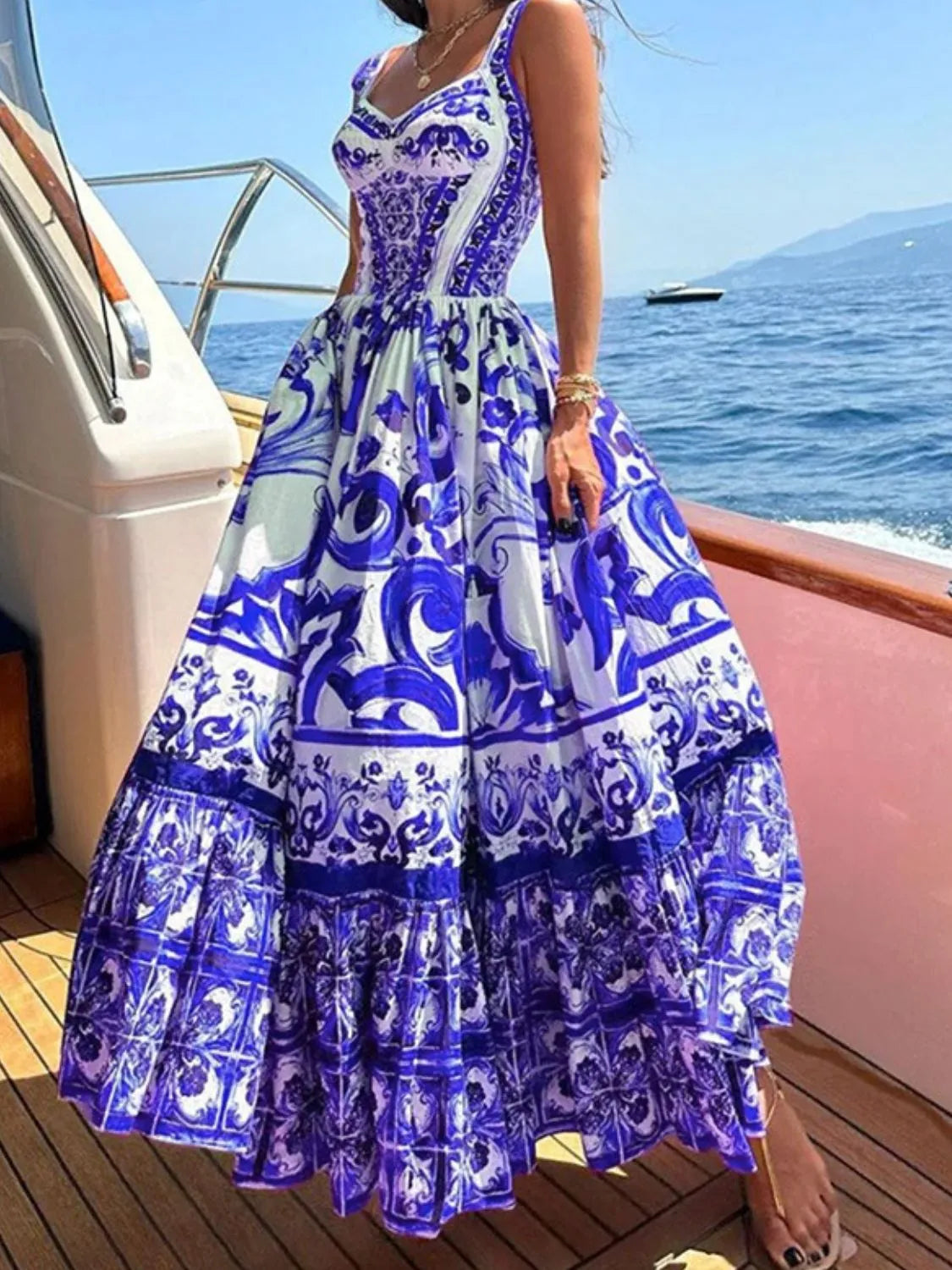 Midi Dress Smocked Printed Wide Strap Ruffled Zipper Purple 561cb1b8-315b-47a4-b7eb-4e0a83cc9a5d-Max-Origin Trendsi