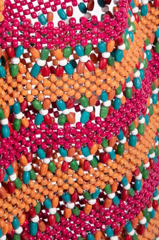 Fame Accessories Tote Bag Wooden Beaded Pink Contrast Handbags 56289f91ab6343abb531473556c9a5e5-Max-Origin Trendsi