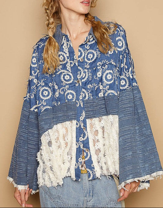 POL Women Shirt Floral Blue Lace Hem Embroidered Long Sleeve Embroidered 562a97ae-0f4c-46ad-8a00-6bea8588616f-Max Trendsi