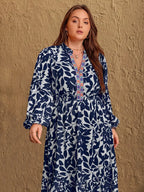 Plus Size Floral Print Notched Collar Long Sleeve Maxi Dress