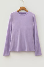Light lavender ribbed knit top hanging on wooden hanger against white background showing round neck