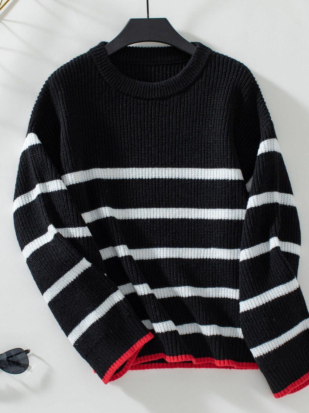 Striped Sweater Round Neck Dropped Shoulder Bell Long Sleeve Black