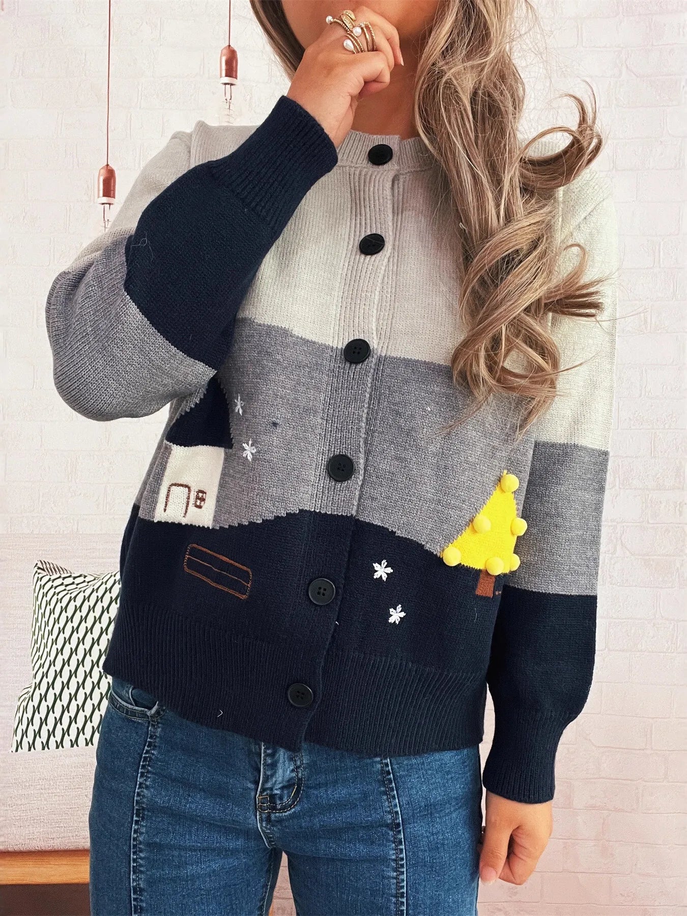 Women's Cardigan Color Block Stripe Button-Up Knit Round Neck Sweater 563650d833d0401a82852a14c1843962-Max-Origin Trendsi