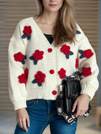 Cardigan Flower Button Down V-Neck Long Sleeve Knitwear 56374224-dd8a-454c-a275-4376326dcc6c-Max Trendsi