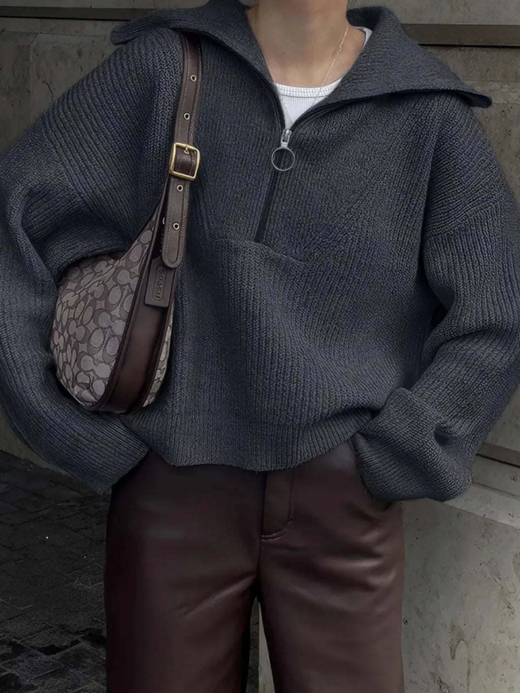 Women's Sweater Half Zip Dropped Shoulder Knit Loose Pullover Dark Gray One Size 563a510f87dc4fbbb70279b2a19141d9-Max-Origin Trendsi