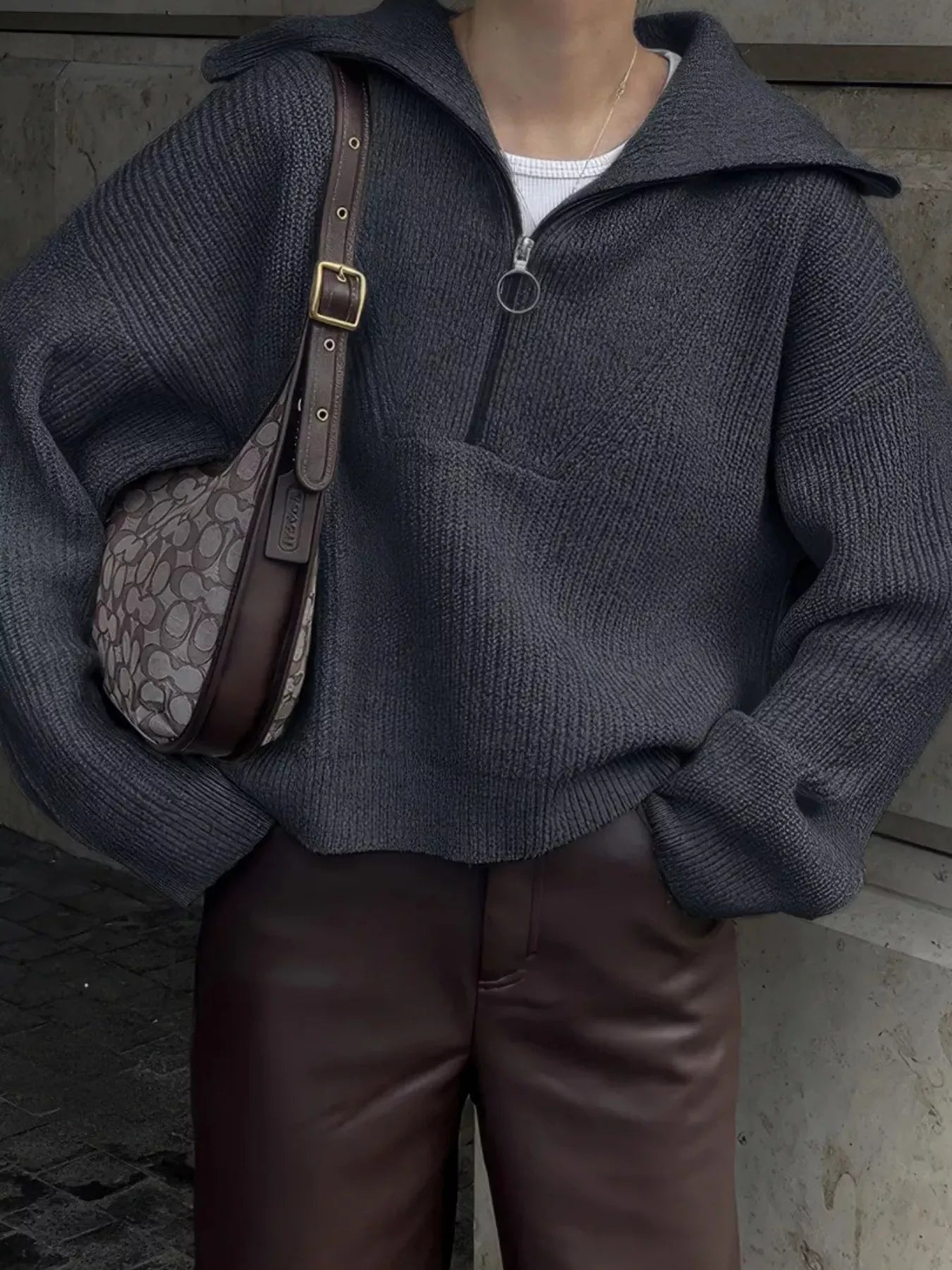 Women's Sweater Half Zip Dropped Shoulder Knit Loose Pullover Dark Gray One Size 563a510f87dc4fbbb70279b2a19141d9-Max-Origin Trendsi