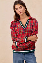 BiBi Christmas Womens Blouse Red Plaid Collared Top with Ruffled Detail 5645434e9ed048feabd467d47cd1cc42-Max-Origin Trendsi