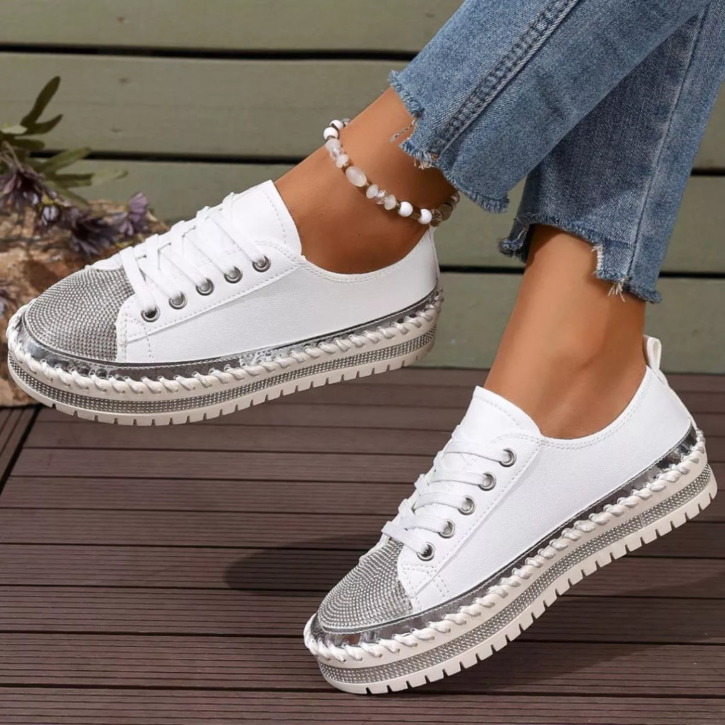 Women Sneakers Round Toe Platform Pu Leather Rhinestone Flat Shoes White 564f5666-4e1e-43e6-915c-87eae053e40e-Max-Origin Trendsi