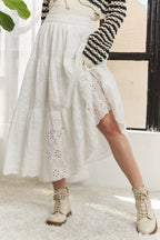 ADORA Midi Skirt White Chrochet Eyelet Elastic Waistband Tiered White 56509350-8204-44ec-8180-8bcdc8ae65ef-Max-Origin Trendsi