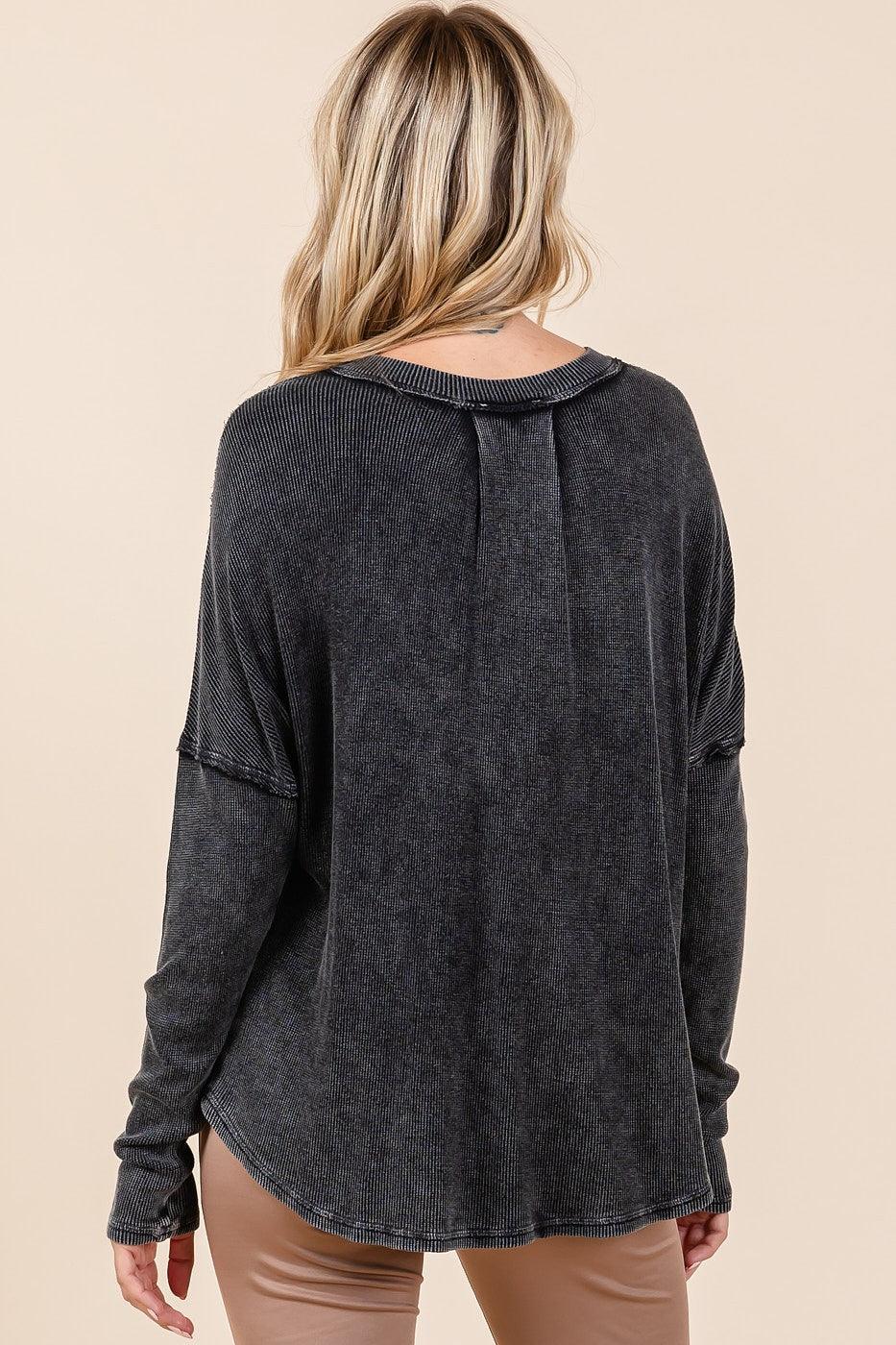 Mittoshop Blouse 100% Cotton Black Washed V-Neck Long Sleeve 56588600-d2b8-4159-8301-cdfaadf4aef9-Max Trendsi