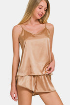 Zenana Satin Lounge Set V-Neck Cami and Elastic Waist Shorts Brush 5658a787-fc9b-458d-ab1d-132cd636742d-Max Trendsi