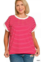 Zenana Women T-shirt Ruby Red Contrast Stripe Trim Cap Sleeve Tee Plus Sizes 5658aef9-5086-47ec-8561-a167ebf11e44-Max-Origin Trendsi