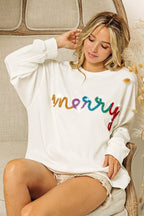 BiBi Sweatshirt White Merry Tinsel Lettering Drop Shoulder Pullover 565ad74b1a444231afc3945b51a7eab9-Max-Origin Trendsi